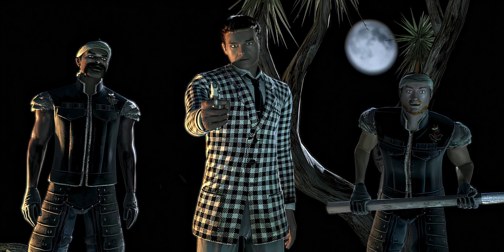 Benny, a man in a checkered suit, points a pistol toward the camera, flanked by a pair of Great Khans and the full moon, in a screenshot from Fallout New Vegas' intro.