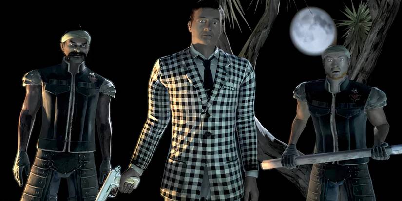 Benny holding a pistol surrounded by his thugs in Fallout New Vegas.