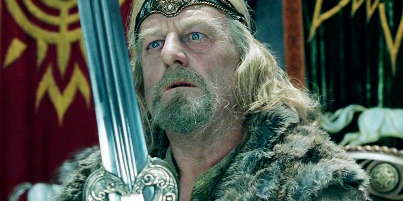 Bernard Hill as King Theoden holding and looking at his sword in Lord of the Rings