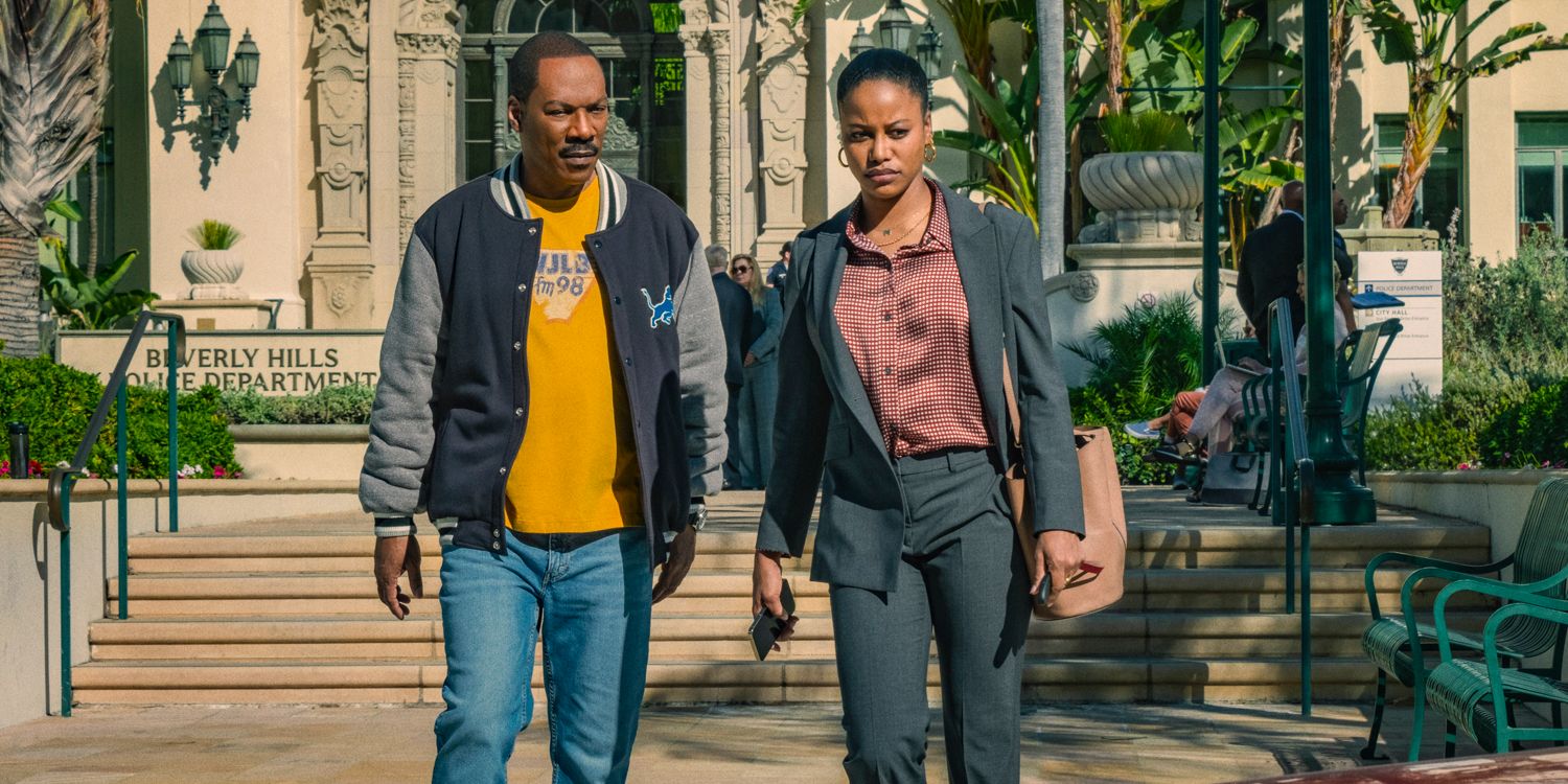 Axel Foley (Eddie Murphy) and Jane Saunders (Taylour Paige) walking outside the precinct in Beverly Hills Cop: Axel F