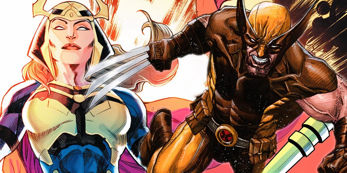 Big Barda (left) stands at attention while Wolverine (right) hurtles toward the reader.