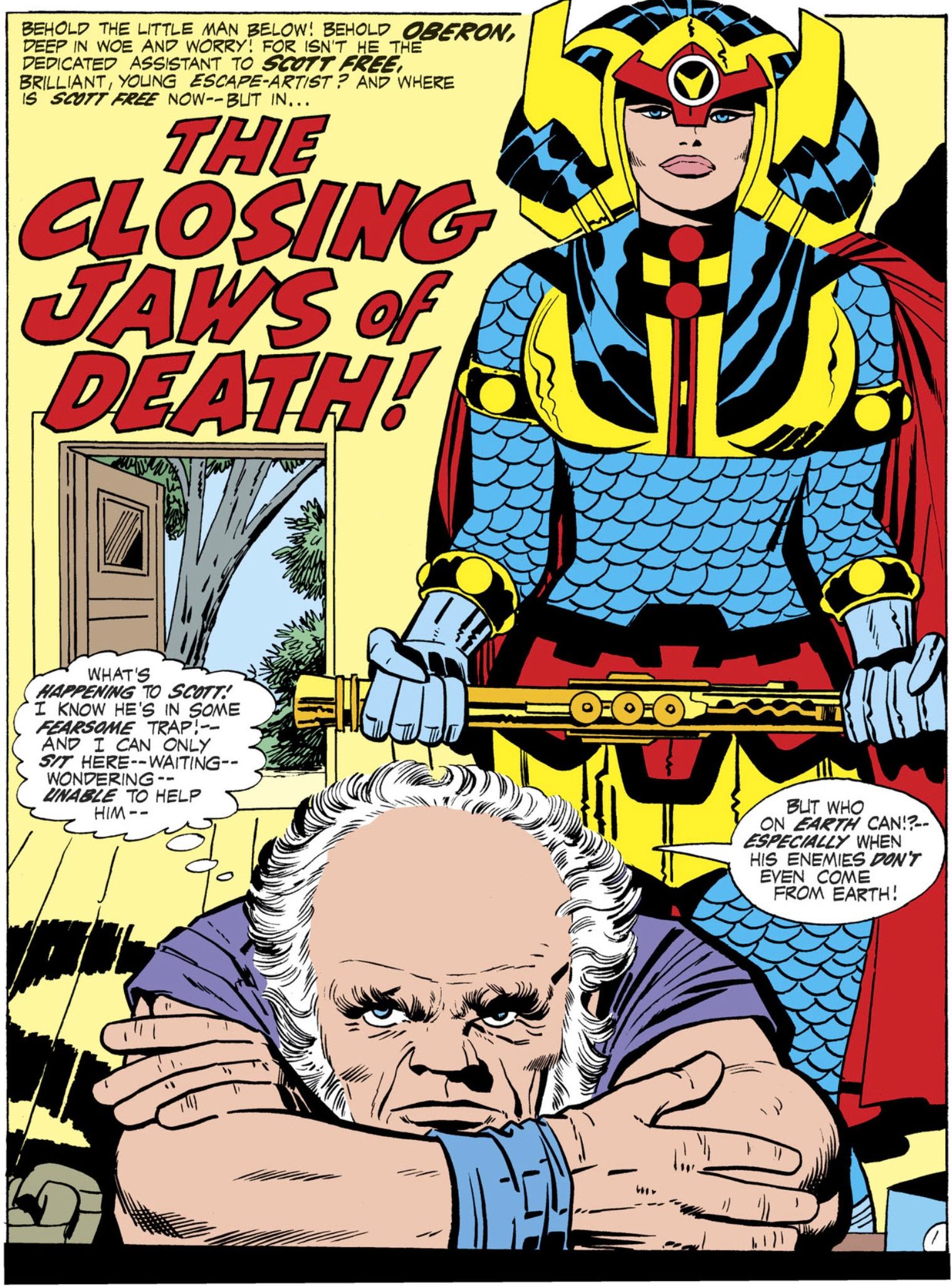 Comic book panel: Big Barda looms over Oberon in her first appearance.