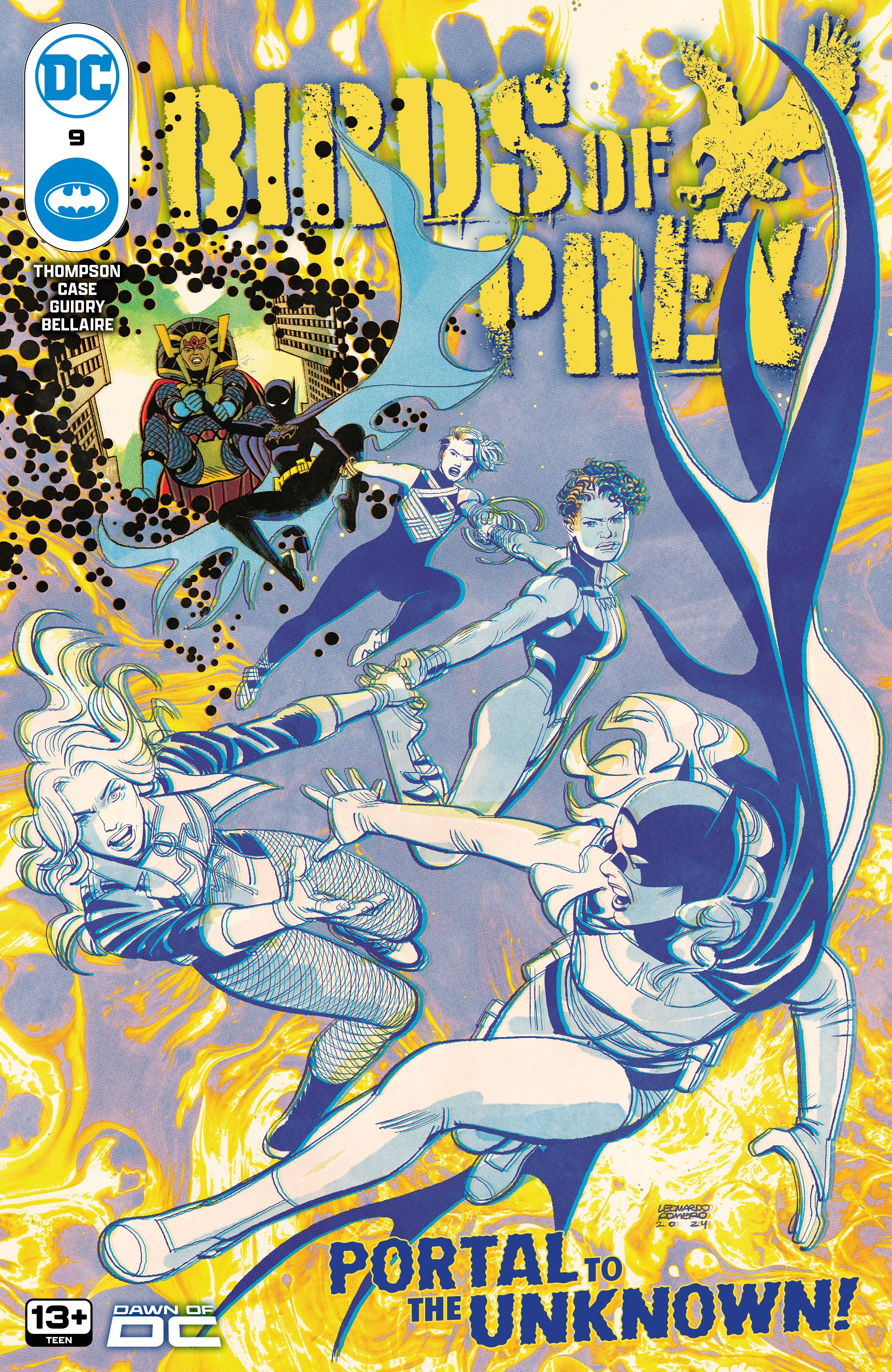 Capa de Birds of Prey #9, Black Canary, Vixen, Sin, Cassandra Cain Batgirl e Big Barda passam por um portal.