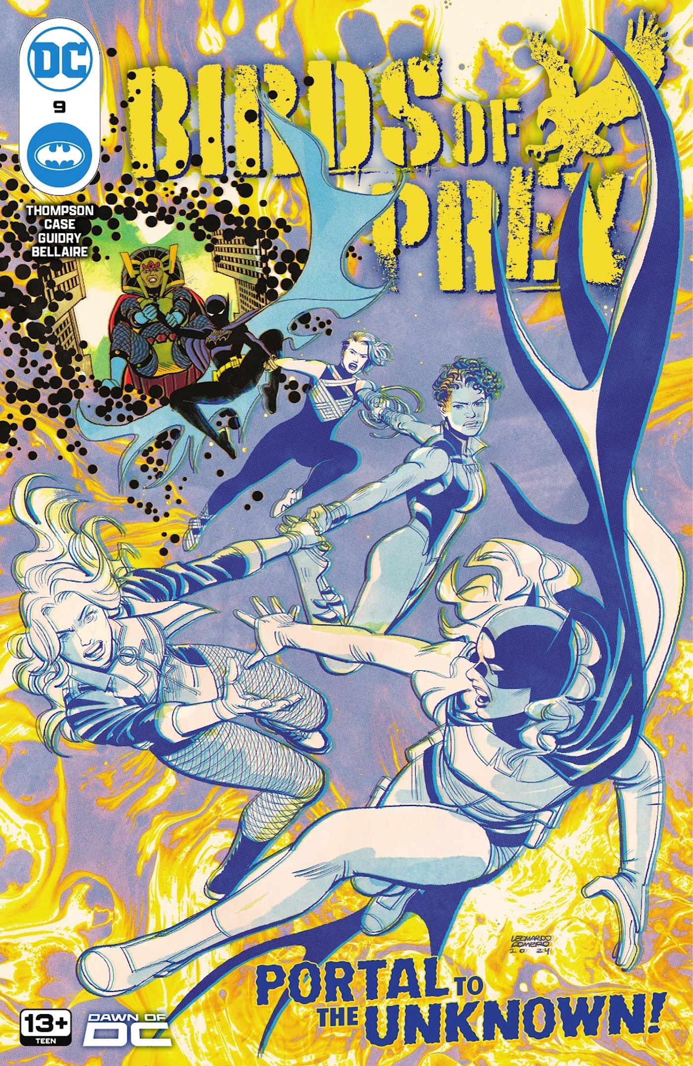 Na capa de Aves de Rapina #9, Barbara Gordon cai através de um portal e alcança Canário Negro e outras Aves de Rapina. 