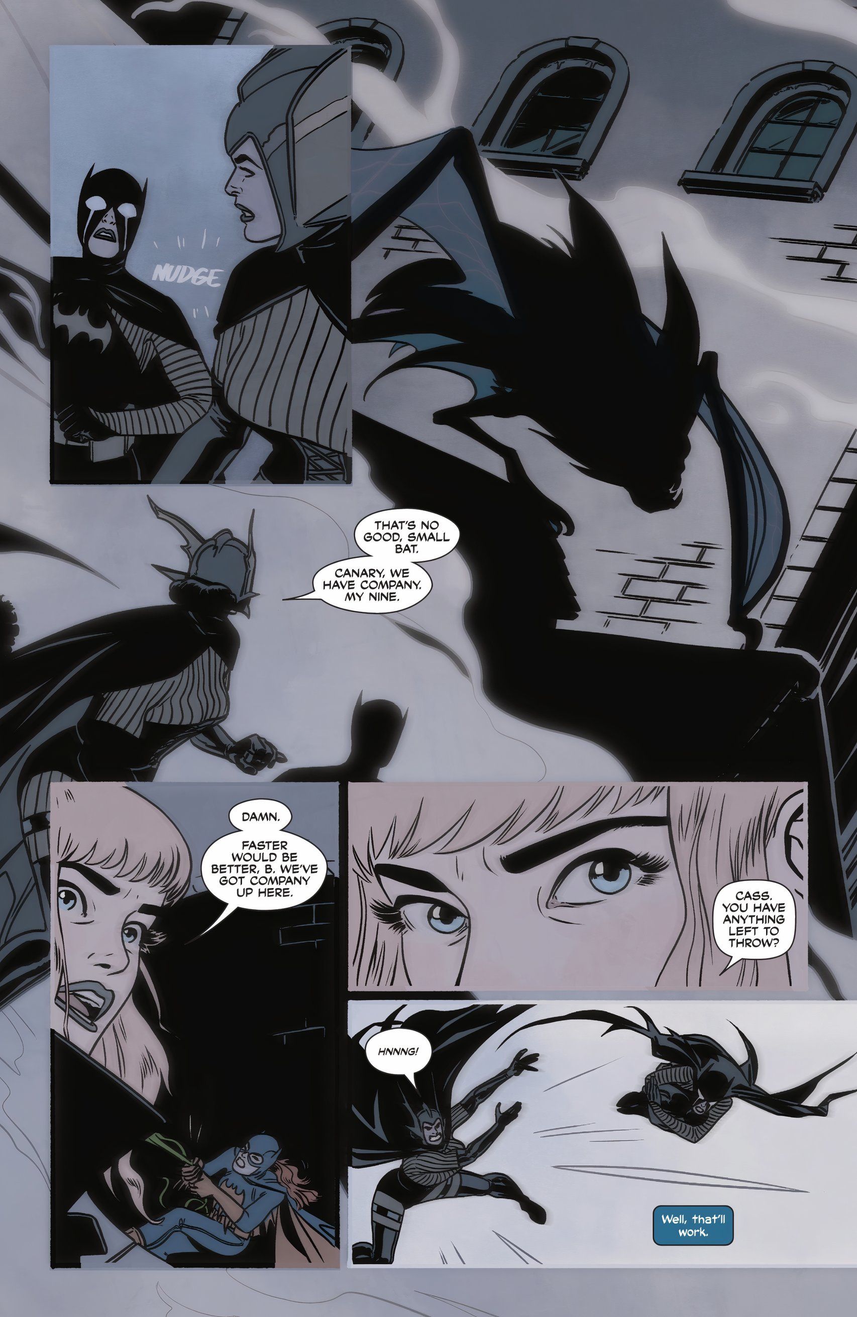 Big Barda joga Cassandra Cain em um morcego gigante, recriando o filme da Marvel "Especial Bola Rápida" técnica.