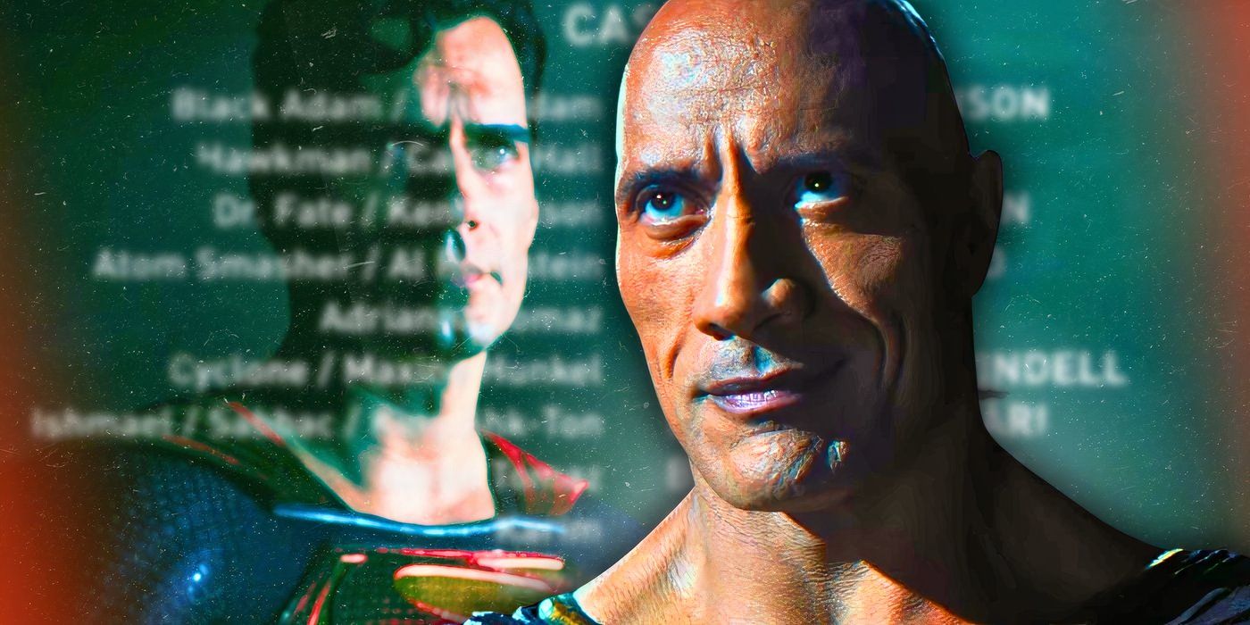 Custom image of Black Adam smiling while an obscured Superman looks on in the background