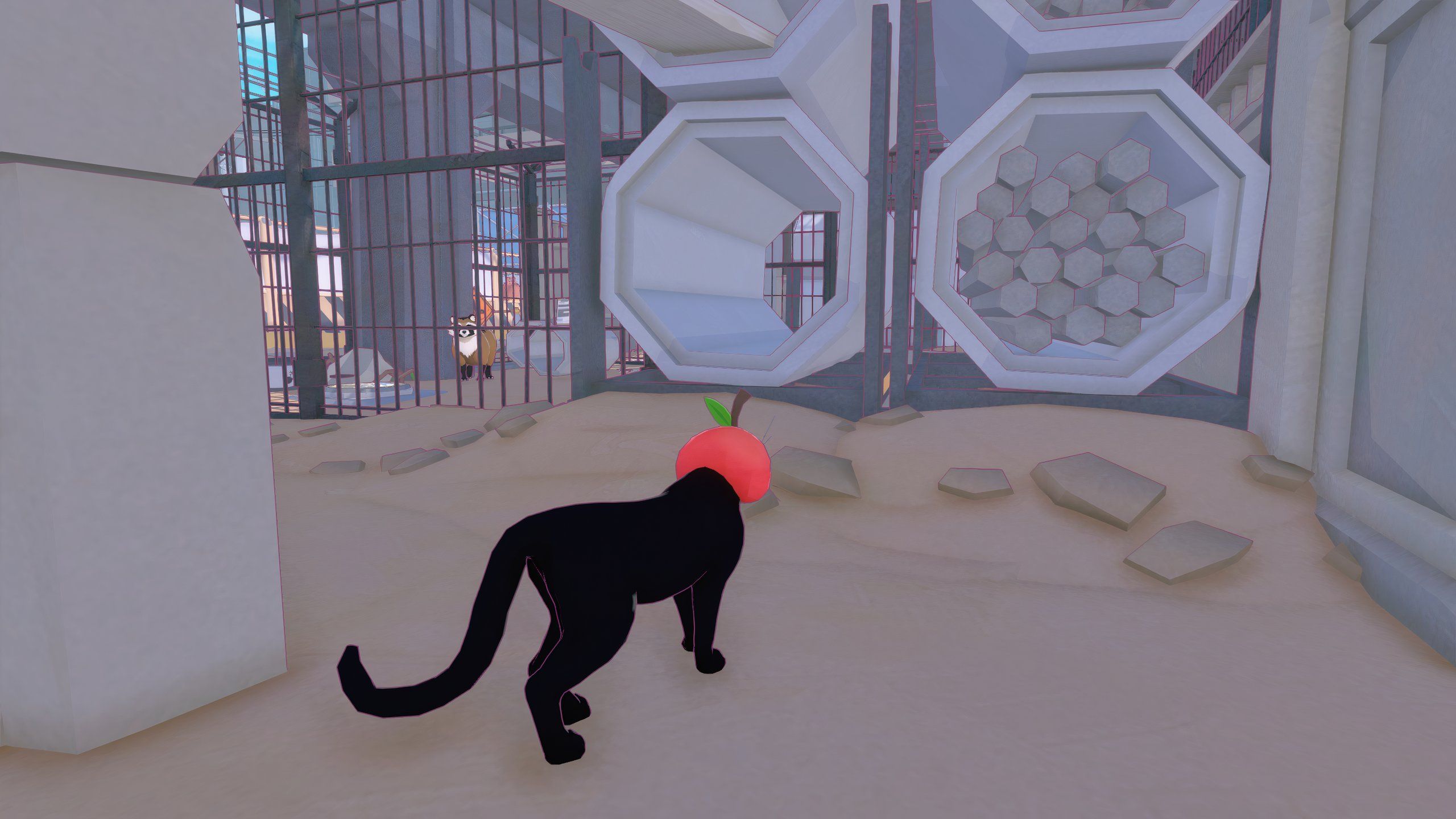 Gato preto usando chapéu de tomate vermelho se aproximando de um túnel de concreto em uma zona de construção em Little Kitty, cidade grande