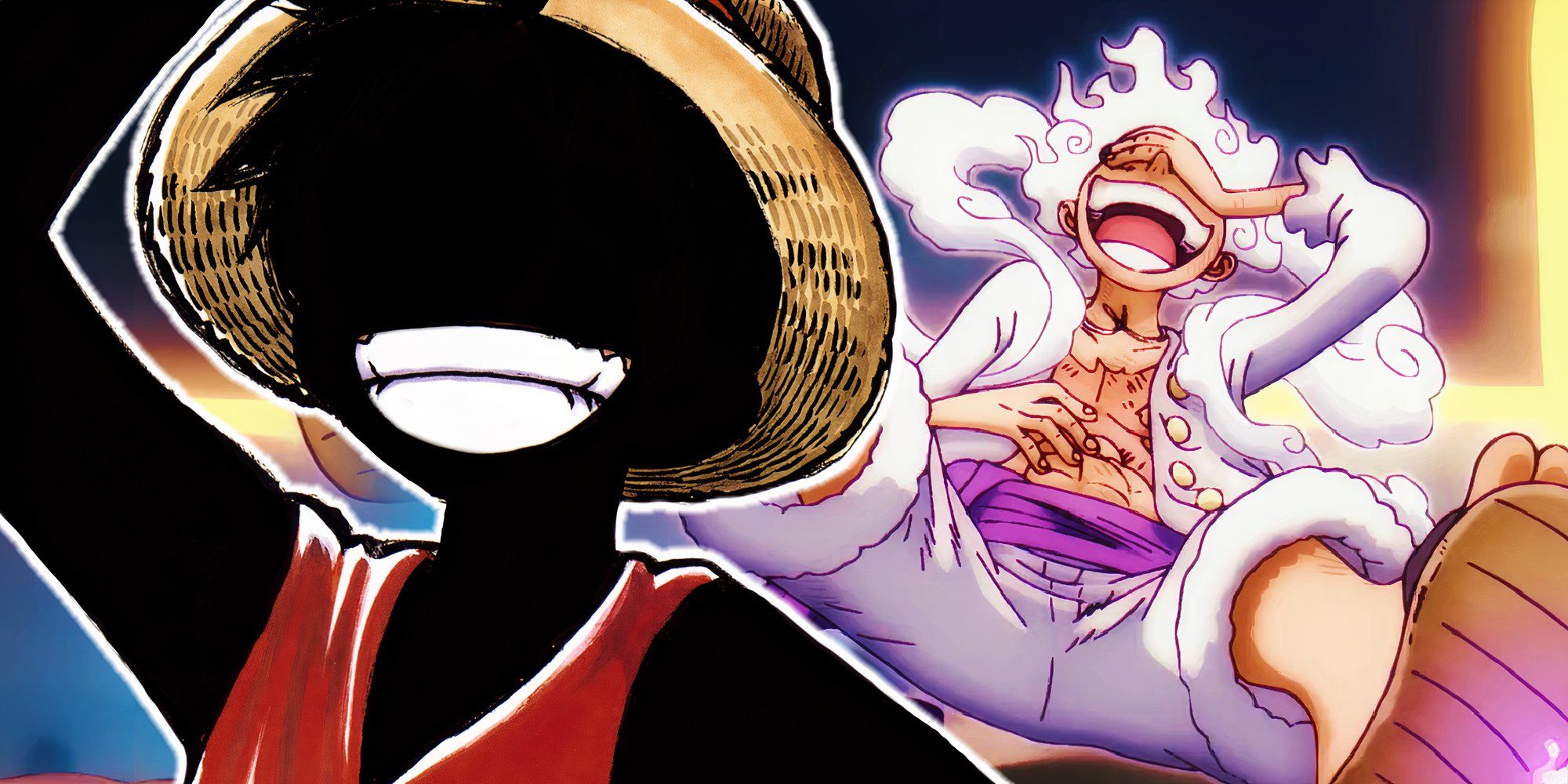 blacked out silhouette of luffy in a straw hat representing joyboy with luffy in gear 5 laughing in the background with a hand covering his eyes in one piece