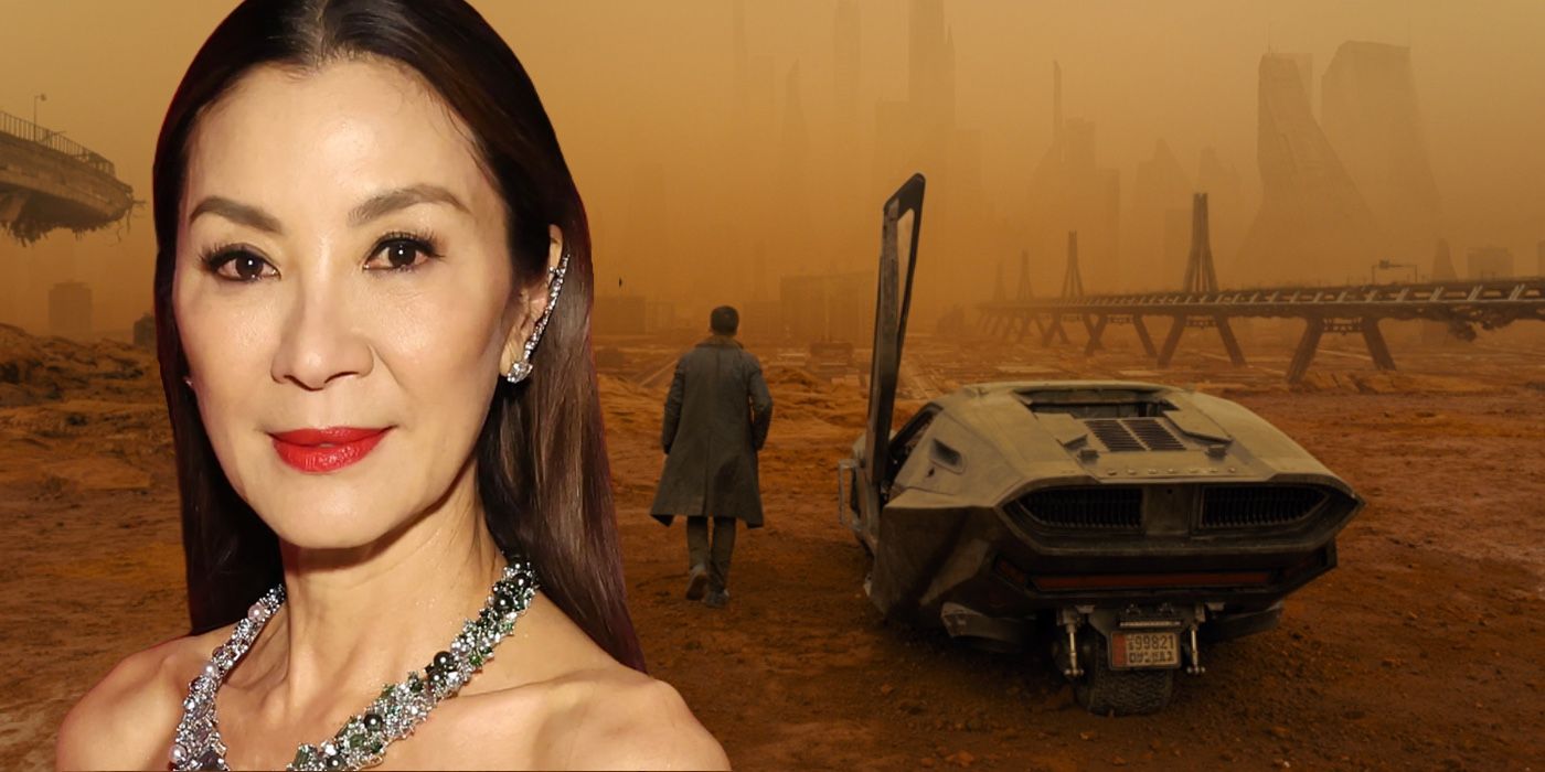 A composite image of Michelle Yeoh with a still of Ryan Gosling exiting a vehicle on a dusty plane from Blade Runner 2049
