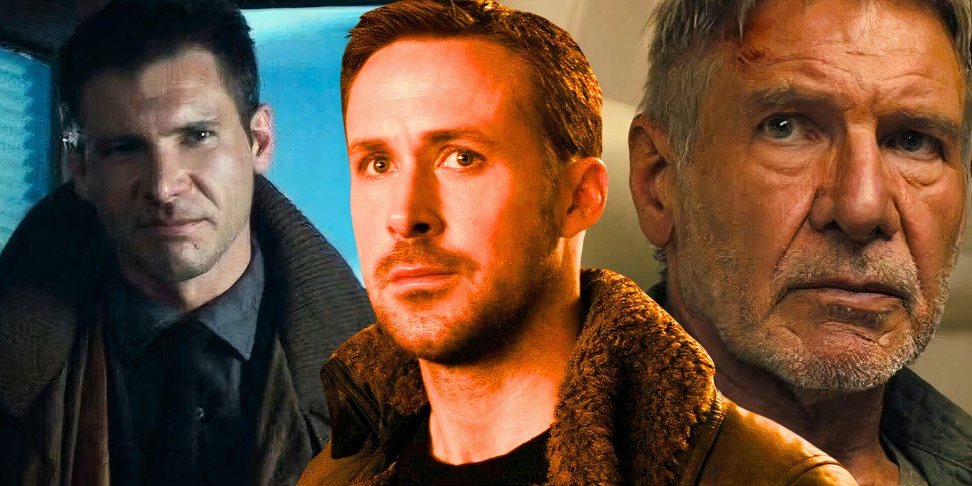 A collage image of Deckard in Blade Runner and Blade Runner 2049, separated by an image of K from Blade Runner 2049 - created by Tom Russell
