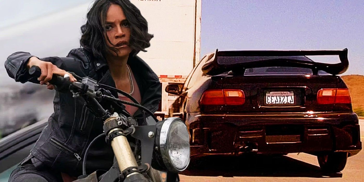 Blended image of Letty on a bike and a car chase in Fast & Furious