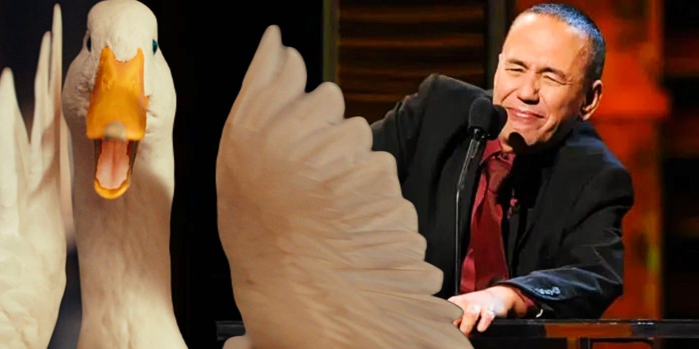Blended image of the Aflac Duck and Gilbert Gottfried on Comedy Central Roast