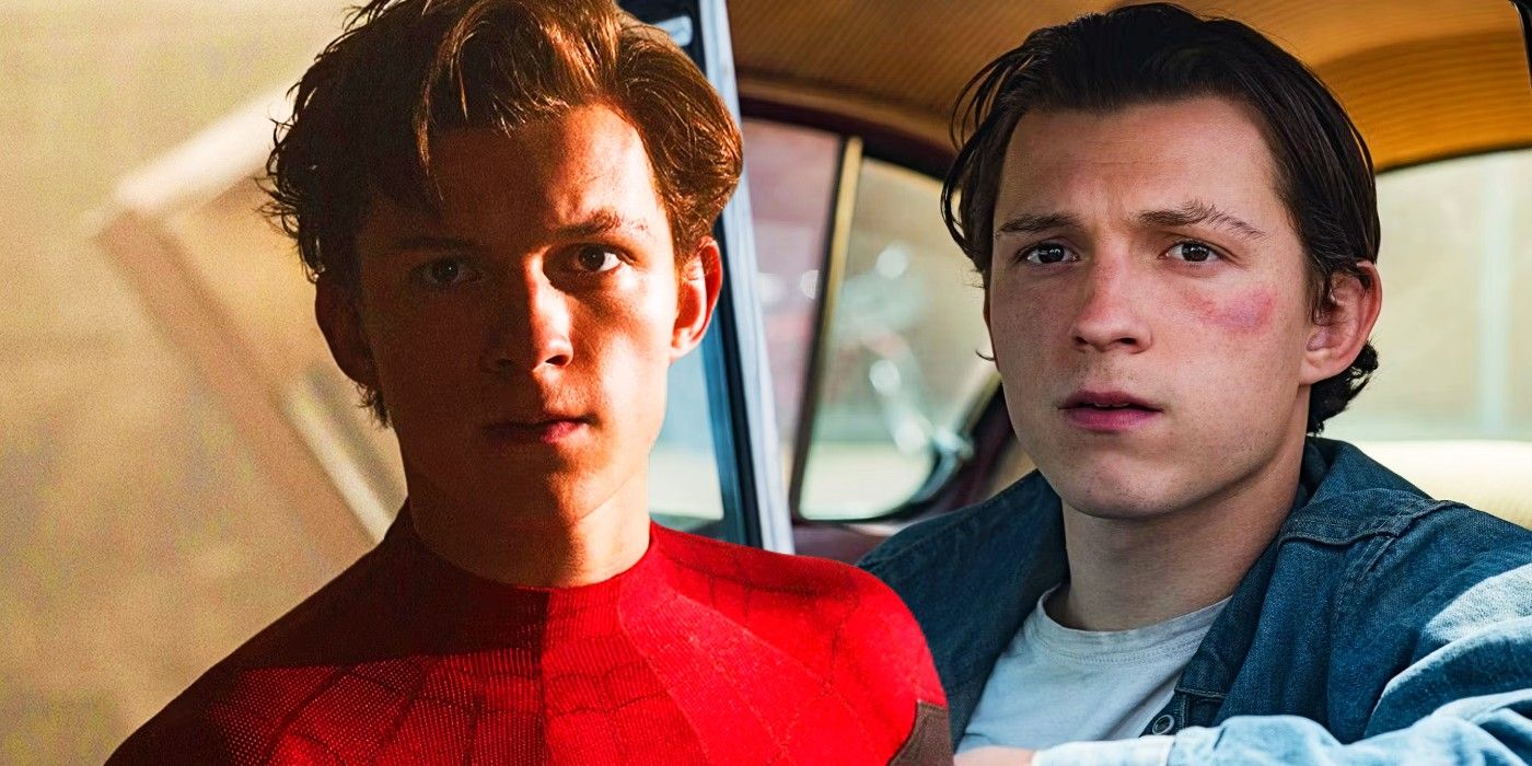 Blended image of Tom Holland as Spider-Man in the MCU and Arvin in The Devil all the Time