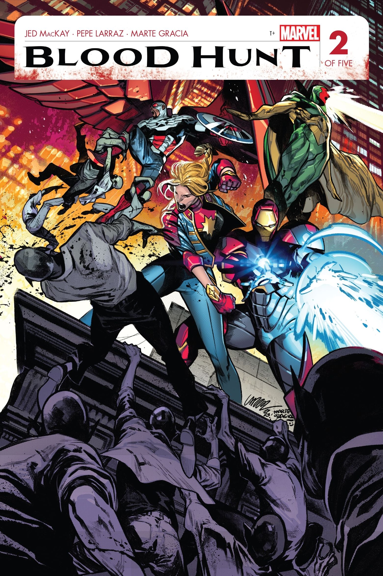 Iron Man, Captain America, Captain Marvel, and Vision attack vampires during Blood Hunt