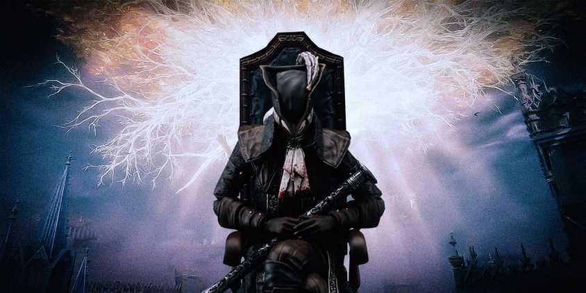 Lady Maria, from Bloodborne's Old Hunters DLC, sitting in a tall-backed chair in front of Elden Ring's Erdtree.