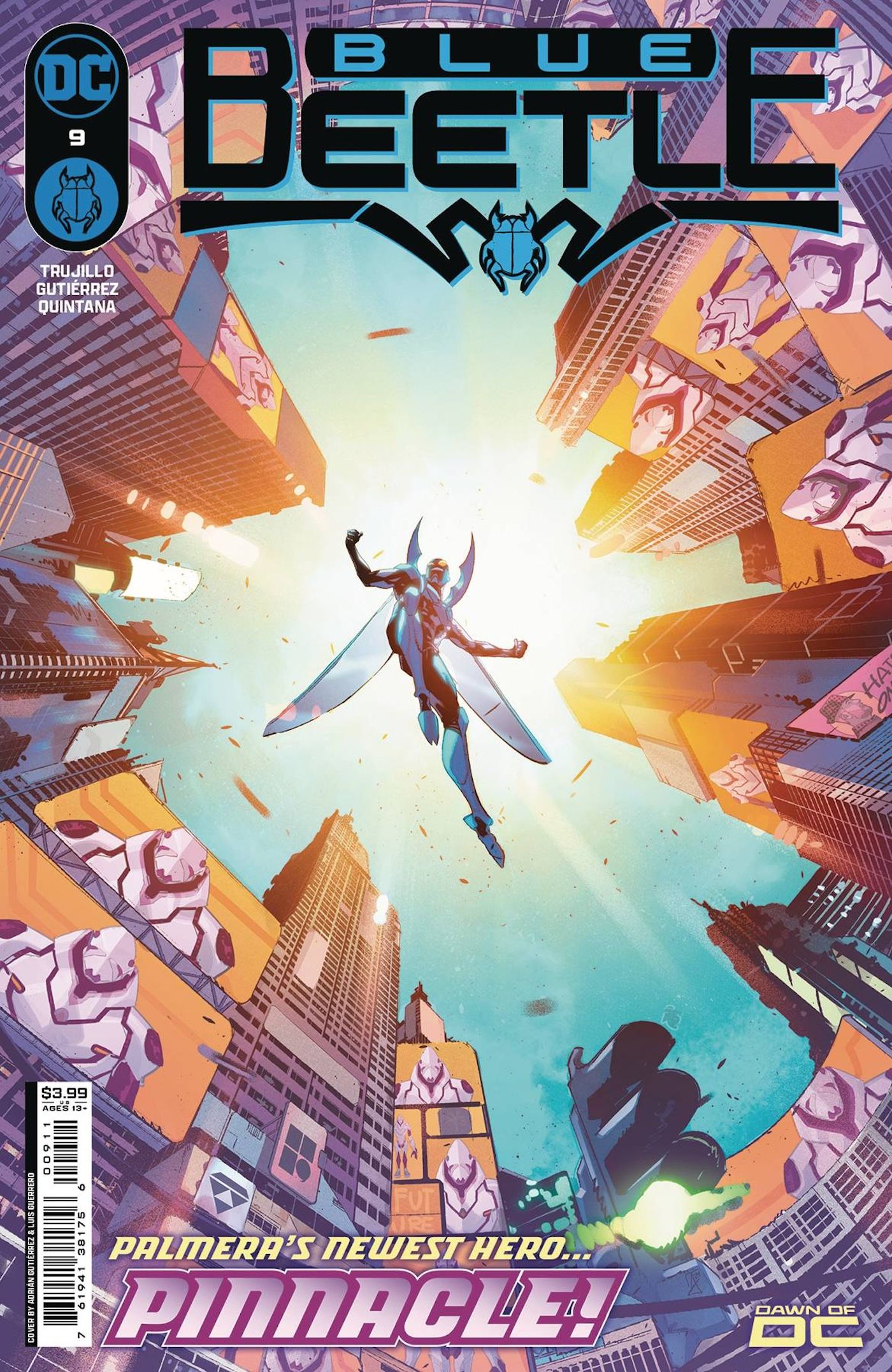 Blue Beetle 9 Main Cover: Jaime Reyes flying through a city.
