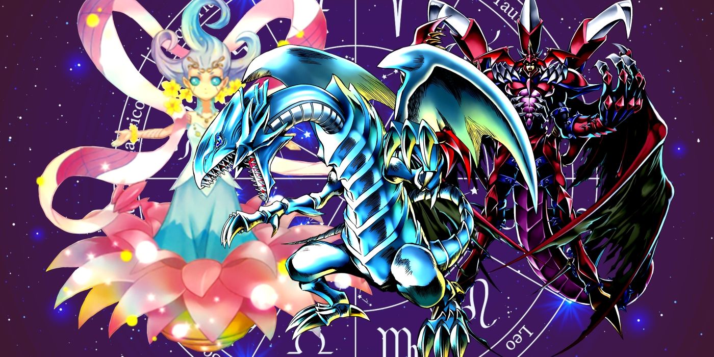 Blue-Eyes White Dragon, Bloom Diva The Melodious Choir, and Destiny Hero Plasma in front of a Zodiac Sign circle.