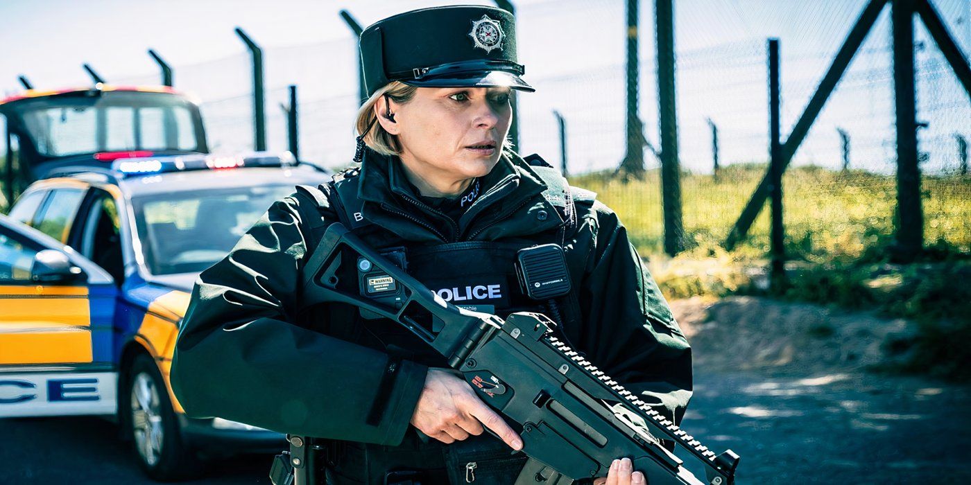 Officer Ellis, played by Sian Brooke, armed and ready to respond to reports of an officer wounded in the line of duty. 