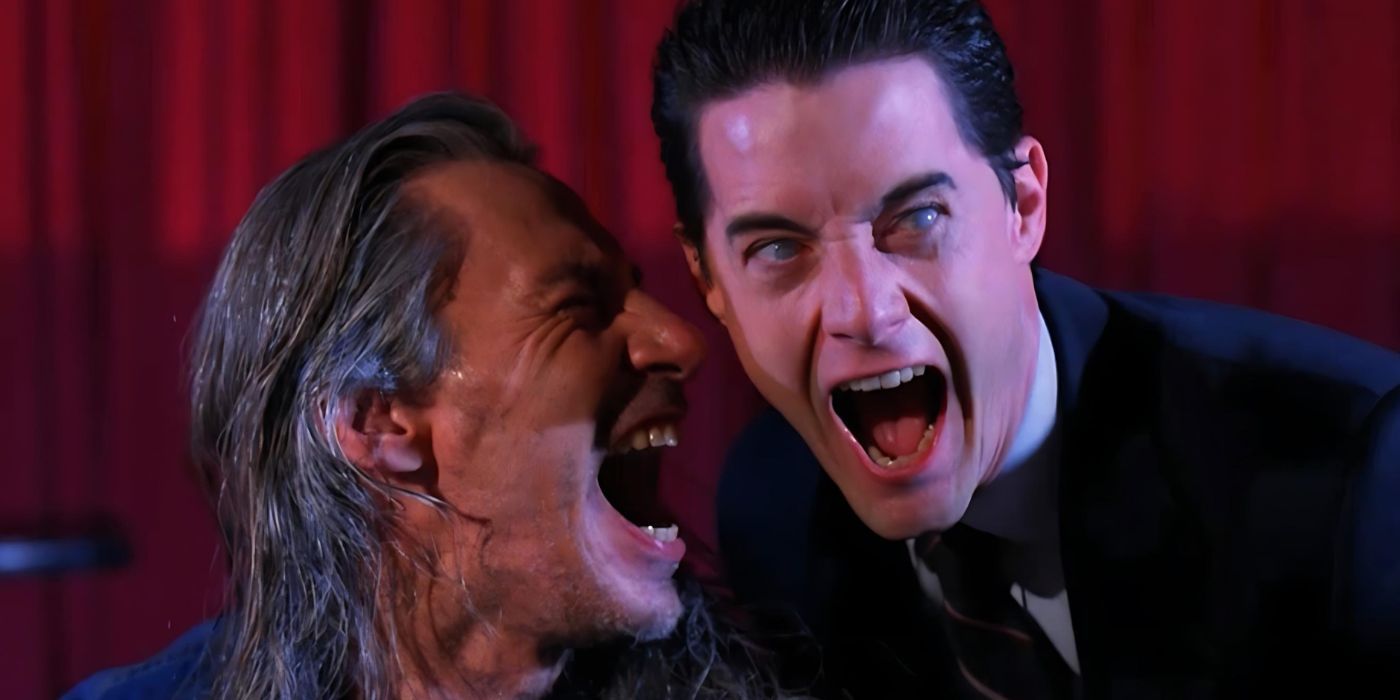 BOB (Frank Silva) e o malvado Cooper (Kyle MacLachlan) gritam no Black Lodge em Twin Peaks