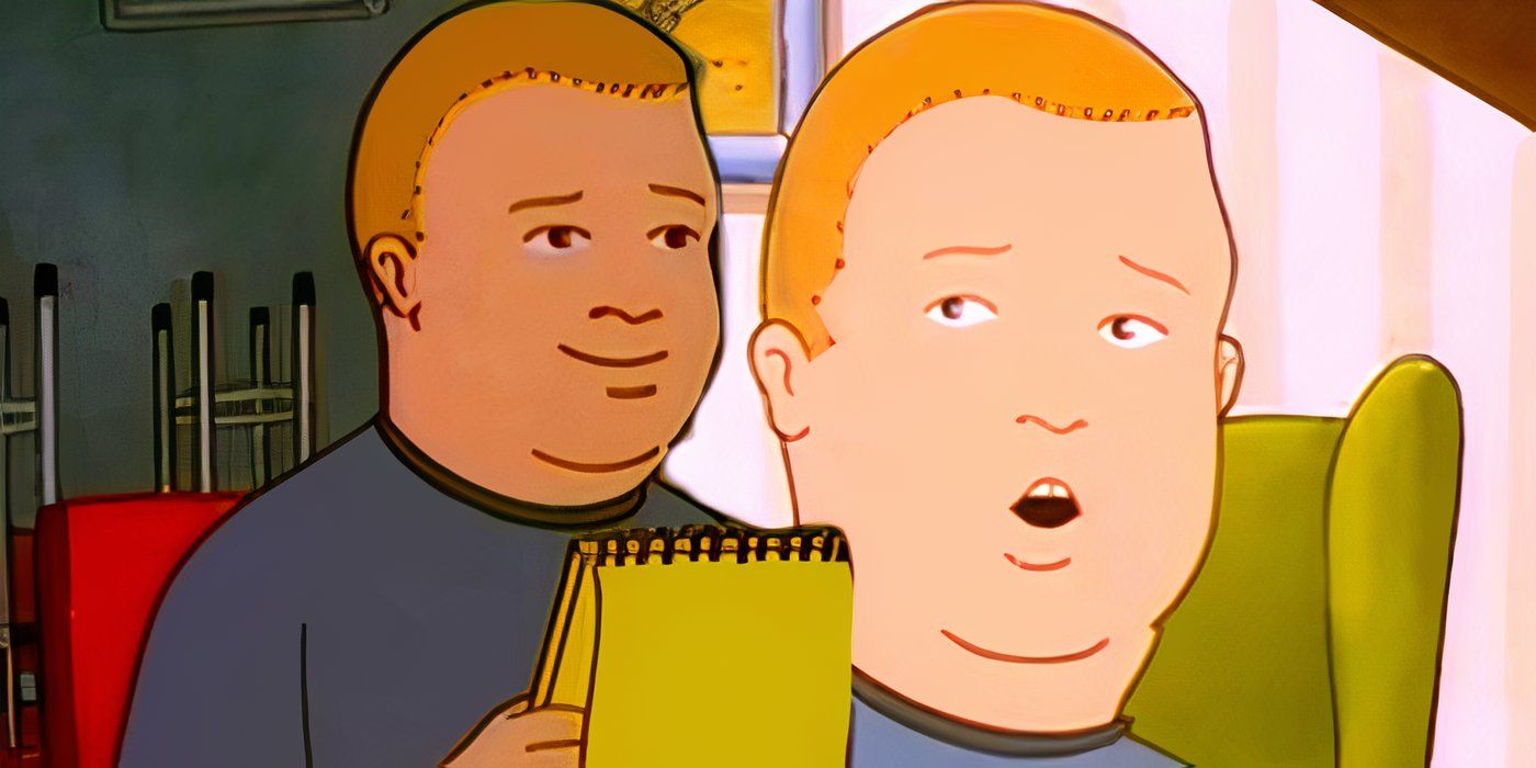 Bobby writing jokes next to Bobby speaking in King of the Hill