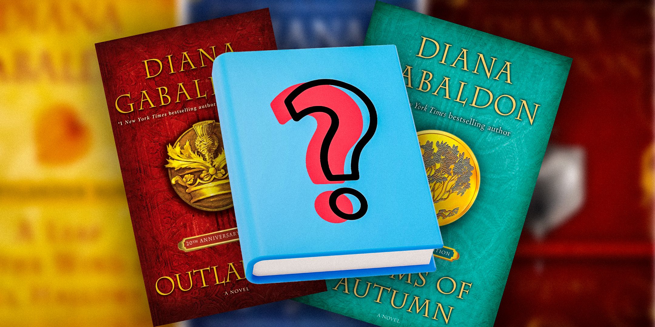 A book with a question mark in front of two Diana Gabaldon's Outlander and Drums of Autumn covers