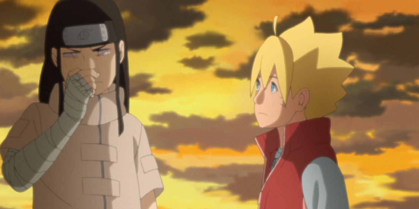 Neji considers something as Boruto talks to him at sunset.