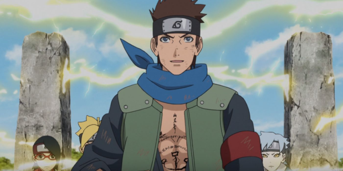 Boruto&rsquo;s Konohamaru stands with his shirt open, revealing a web of jutsu script on his chest.
