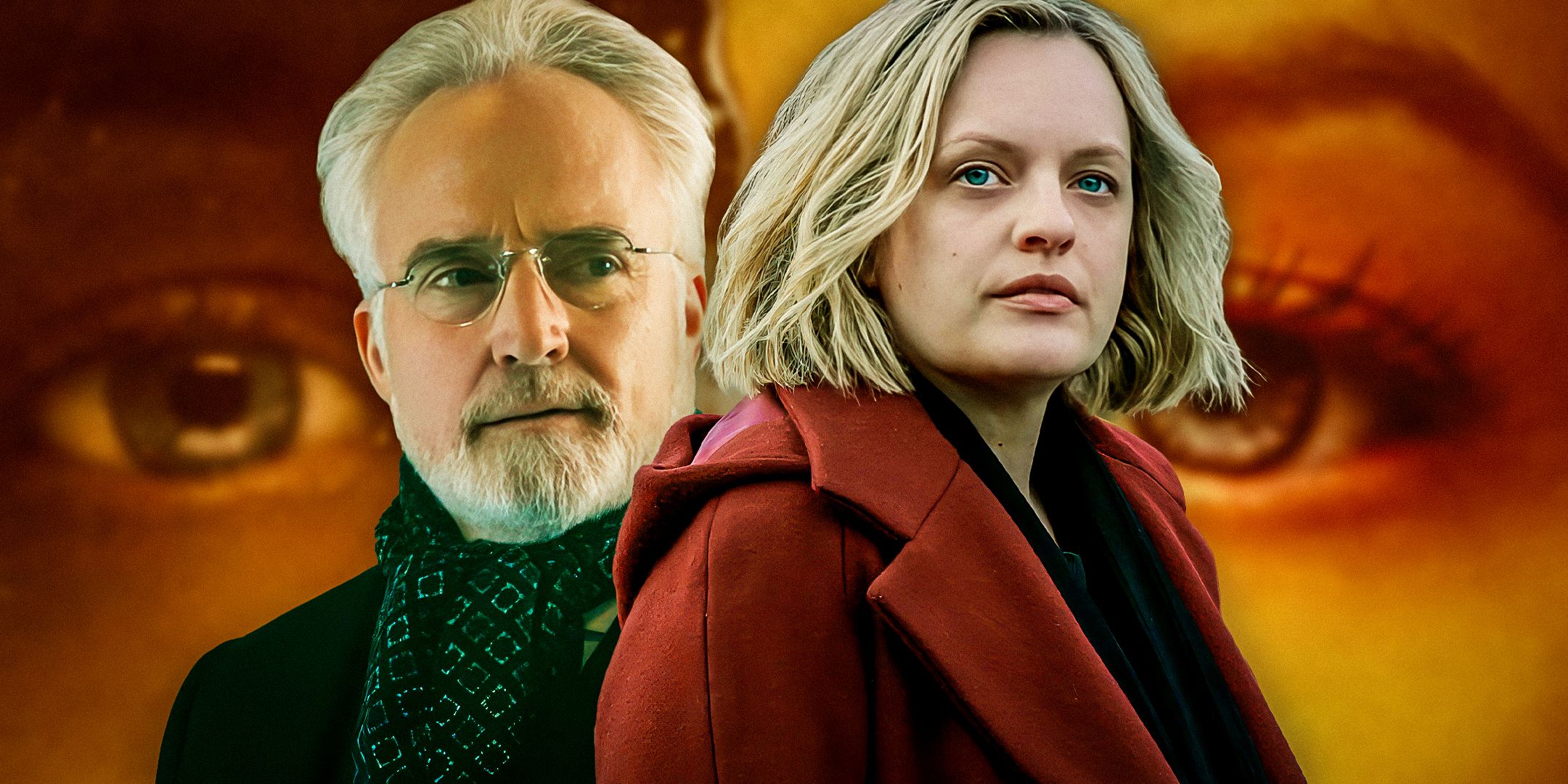 Bradley Whitford as Joseph Lawrence smirking and Elisabeth Moss as June Osborne looking serious in The Handmaid's Tale