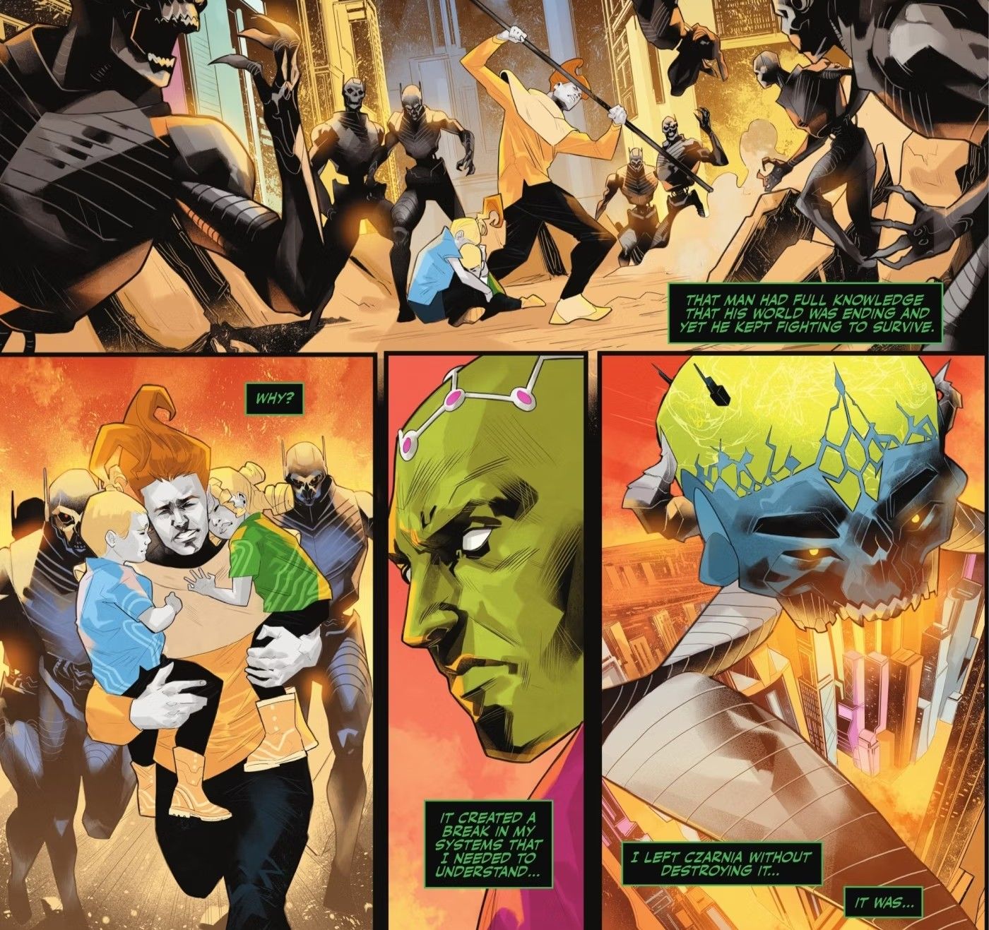 Painéis de quadrinhos: o vilão do Superman, Brainiac, observa um pai tentando salvar seus filhos enquanto seu planeta é destruído.
