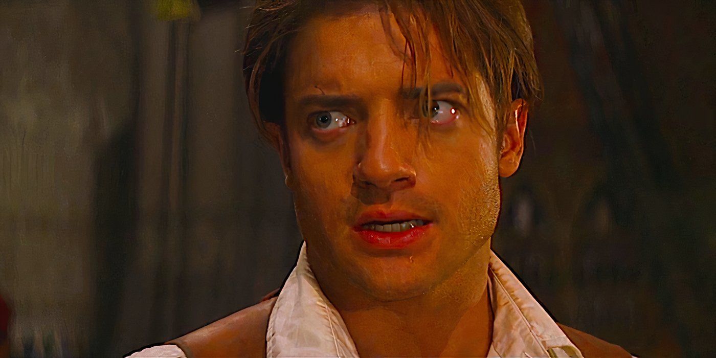 Brendan Fraser looks concerned in a scene from The Mummy 1999