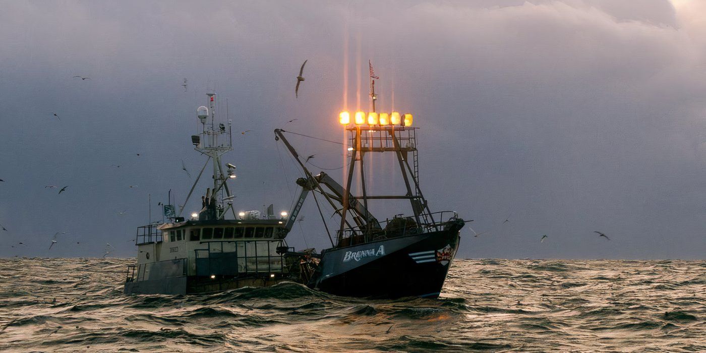 Brenna A with its lights turned on at dusk in Deadliest Catch