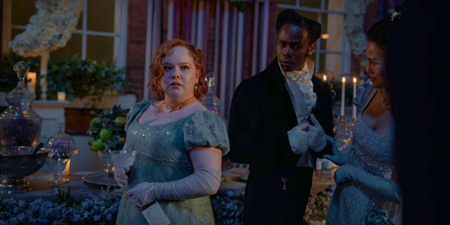 Penelope Featherington (Nicola Coughlan) looking uncomfortable at a gala upon discovering that everyone is talking about her in Bridgerton season 3 Part 1