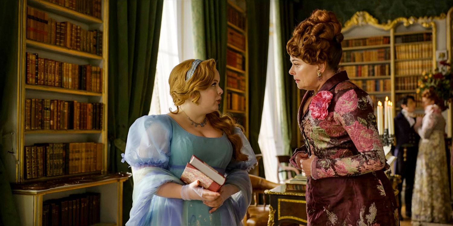 Penelope Featherington (Nicola Coughlan) and Lady Portia Featherington (Polly Walker) in a library in Bridgerton season 3 Part 1