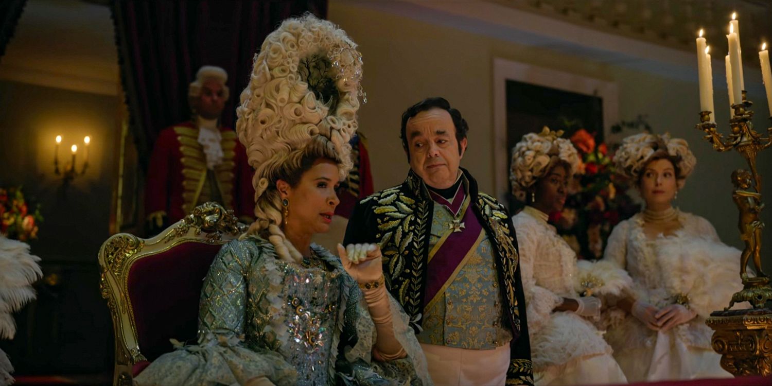 Queen Charlotte (Golda Rosheuvel) whispers something to Brimsley (Hugh Sachs) in Bridgerton season 3 Part 1