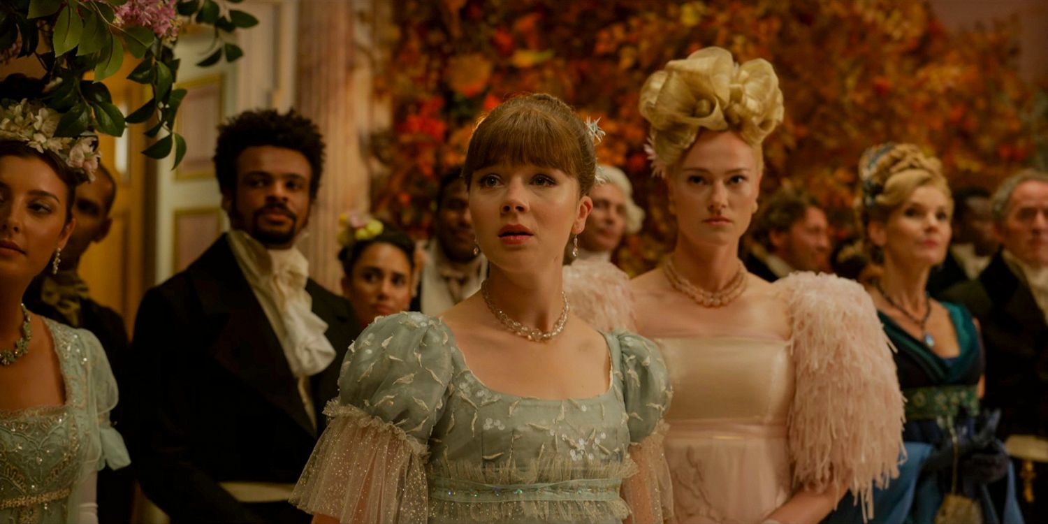 Eloise Bridgerton (Claudia Jessie) and Cressida Cowper (Jessica Madsen) watching Penelope arrive at Lady Danbury's ball in Bridgerton season 3 Part 1