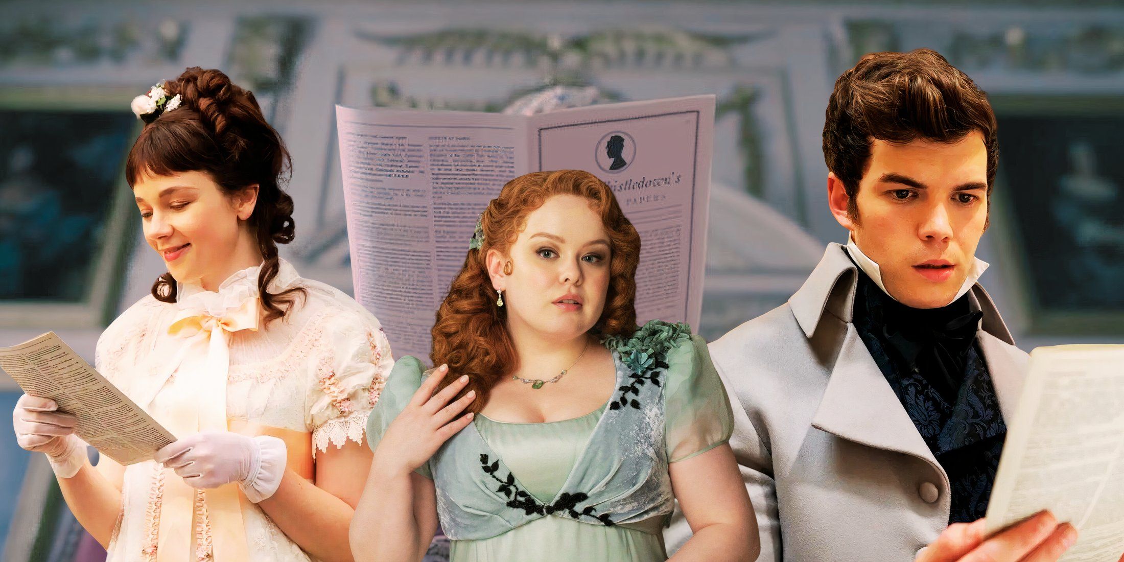 A composite image features Eloise and Colin reading Whistledown in Bridgerton season 1 with Penelope from Season 3 standing between them