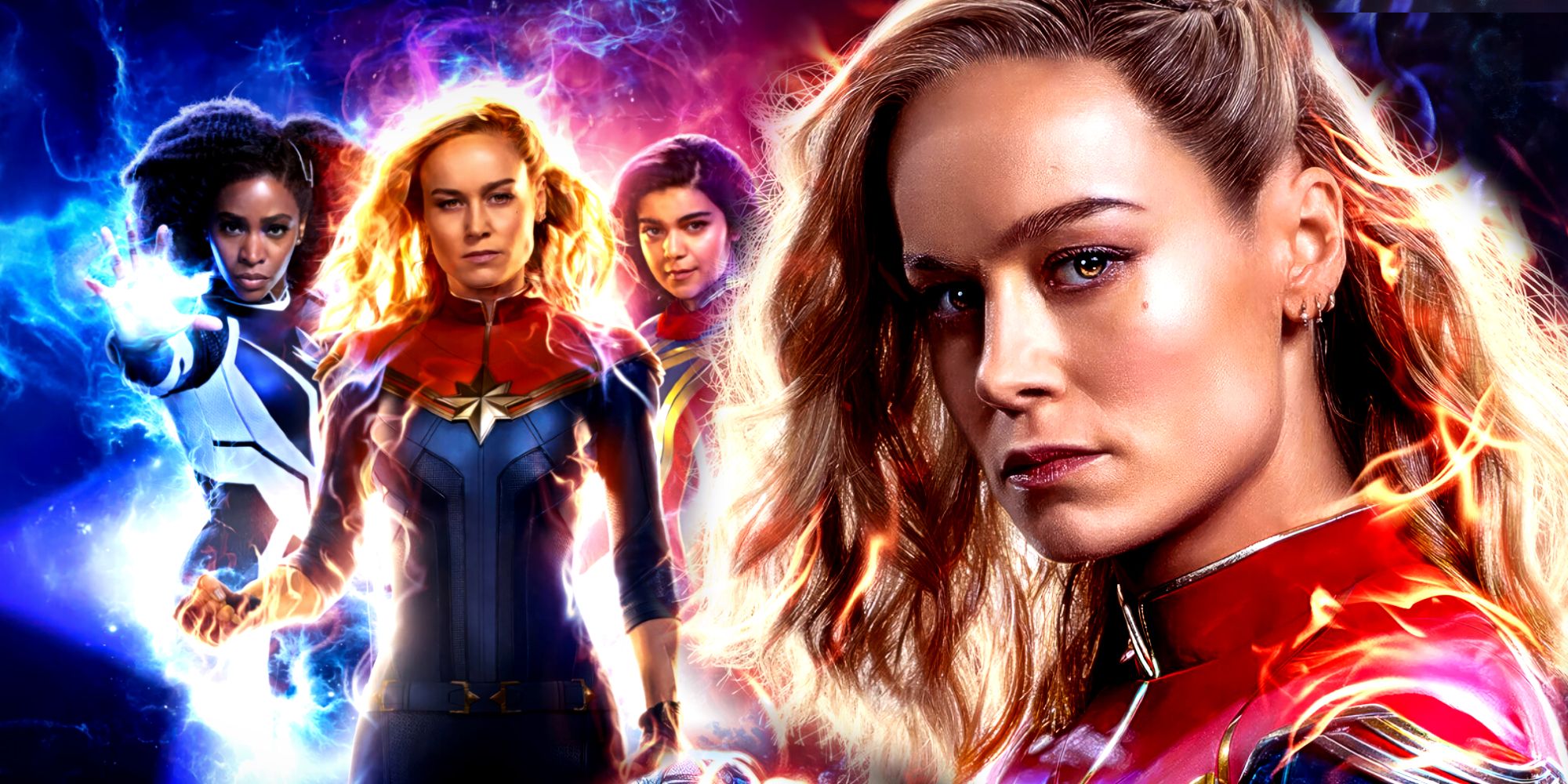 Brie Larson as Carol Danvers poses in front of Monica Rambeau and Kamala Khan in The Marvels