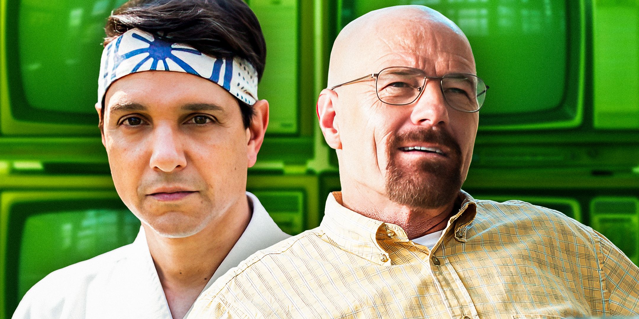 A custom image of Ralph Macchio and Bryan Cranston next to one another in front of TV screens.