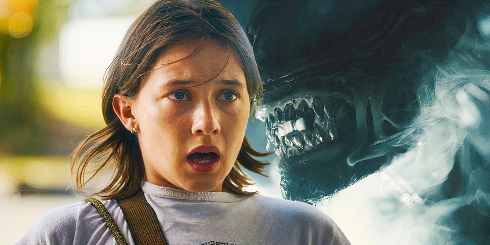 Cailee Spaeny as Jesse in Civil War juxtaposed with a Xenomorph from Alien Romulus