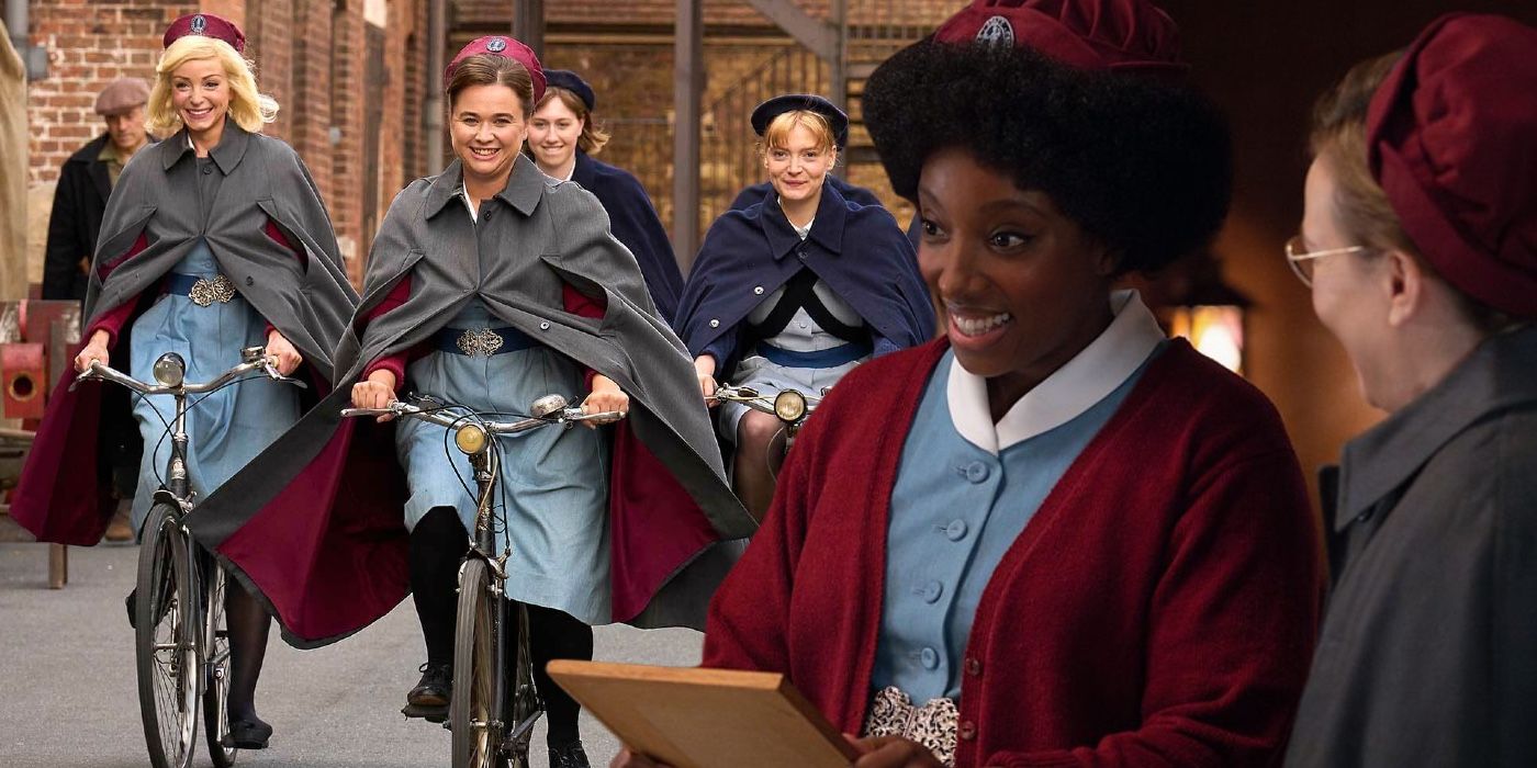 Joyce smiles while holding a clipboard imposed over the midwives riding their bikes in Call the Midwife