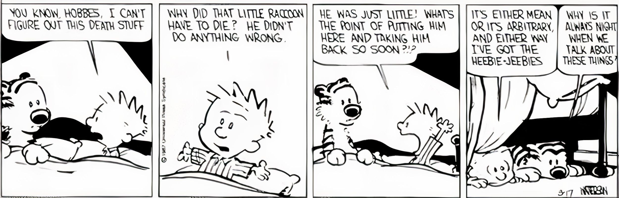 Calvin diz a Hobbes que a morte é "quer dizer, ou é arbitrário."