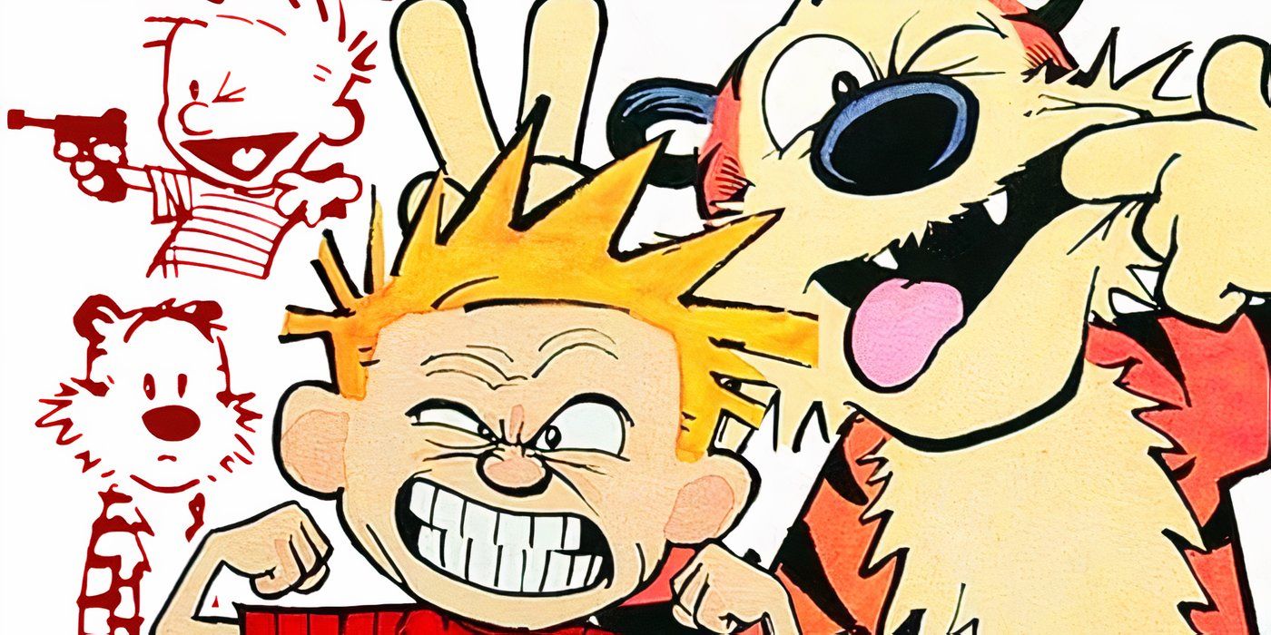 Calvin and Hobbes (in color, foreground) making funny faces; sketches of them in background.