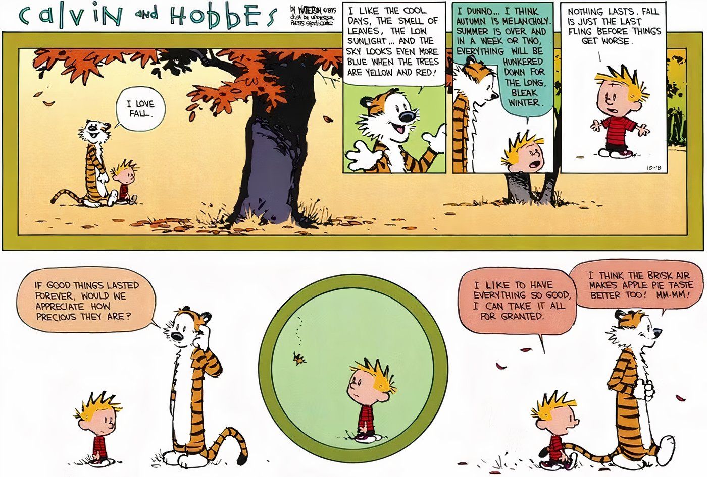 Hobbes gosta do outono; Calvin diz que é “a última aventura antes que as coisas piorem”.