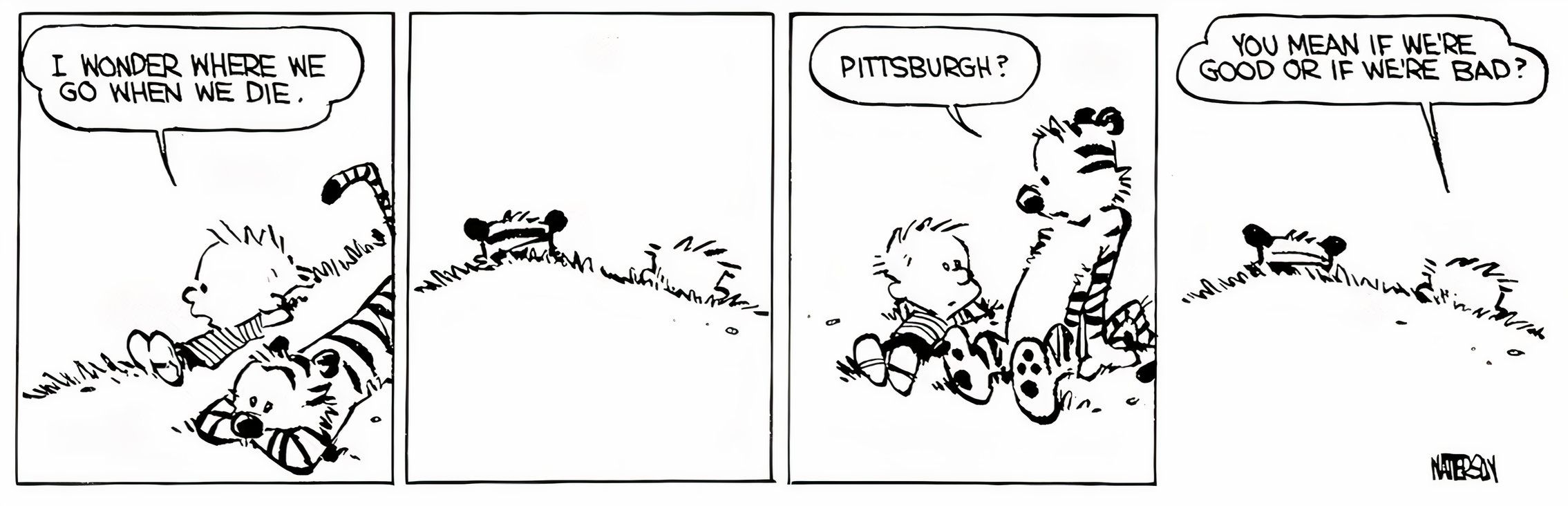 Calvin pergunta para onde eles vão quando morrem; Hobbes sugere Pittsburgh.