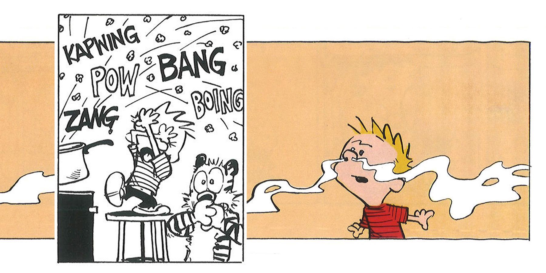 Panels from Calvin and Hobbes: popcorn on the stove, superimposed over a image of Calvin sniffing a scent in the air.