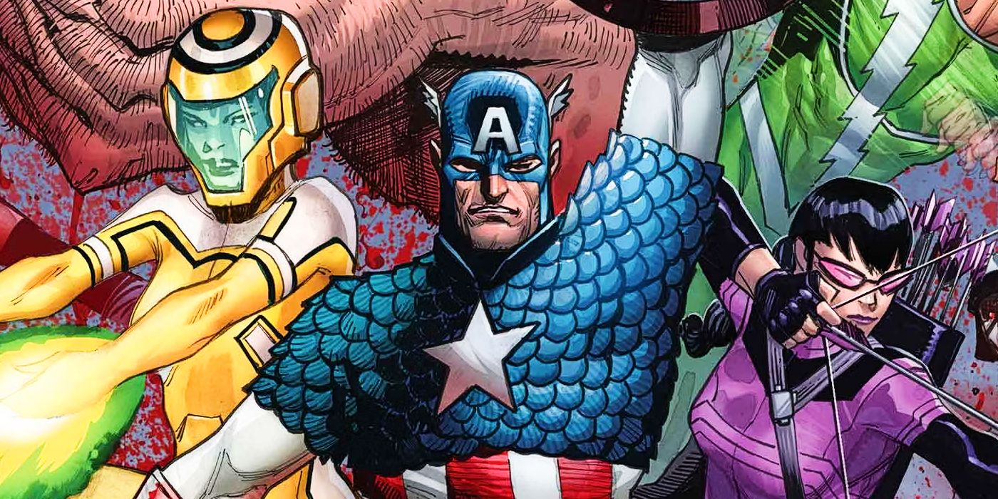 Captain America raises his shield while fighting vampires alongside Hazmat and Hawkeye.