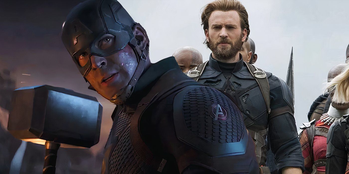 Captain America in Avengers Endgame holding mjolnir over Captain America in Avengers Infinity War