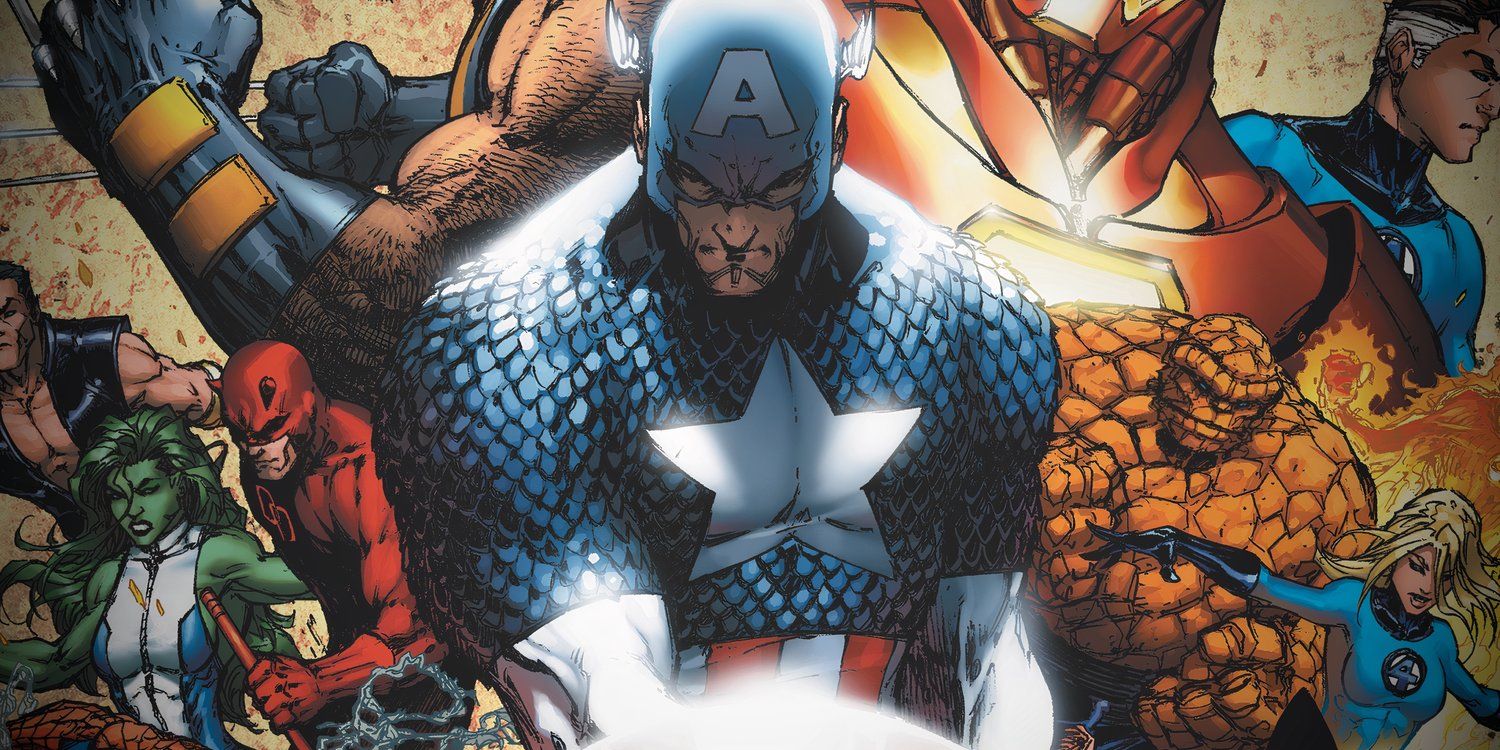 Michael Turner Civil War comic art; Captain America (foreground) with other Marvel heroes in background.