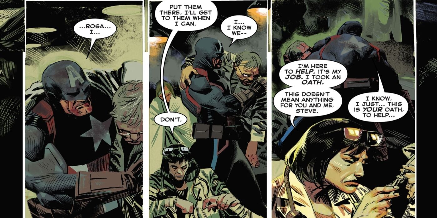 Captain America and his wife, Rosa, helping injured soldiers.