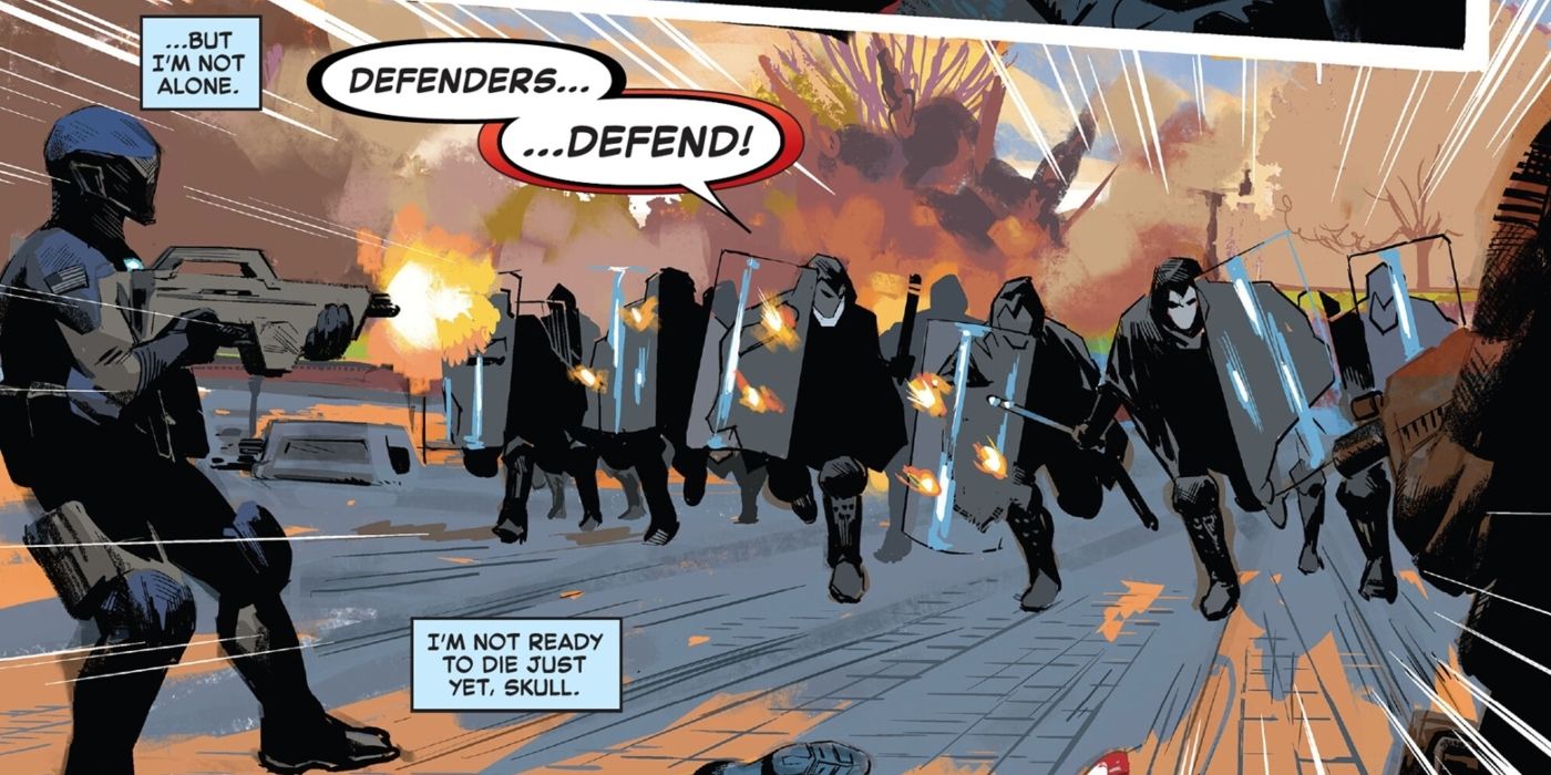 Defenders soldiers attacking Red Skull&rsquo;s army.